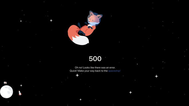 Illustration of a Patreon Error 500 page featuring a floating fox in space, with the message "Oh no! Looks like there was an error. Quick! Make your way back to the spaceship!"