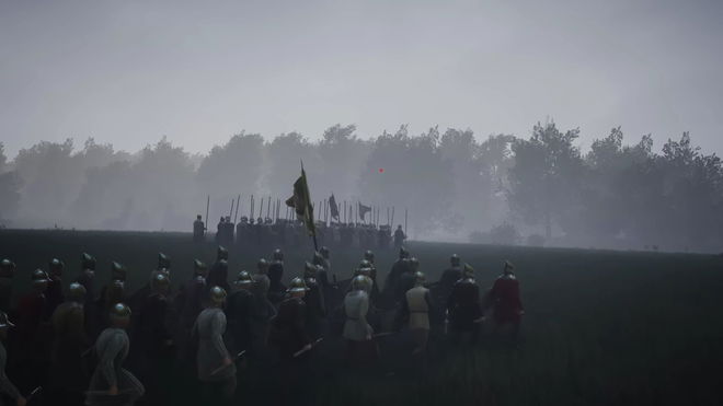 An image of soldiers in Manor Lords marching to battle.