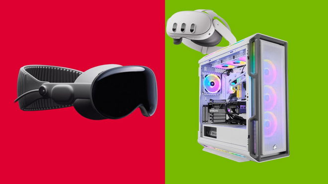 Red and green background with an Apple Vision Pro on one side and a PC and Meta Quest 3 on the other