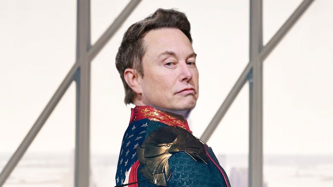 Elon Musk wearing Homelander's costume from The Boys TV series