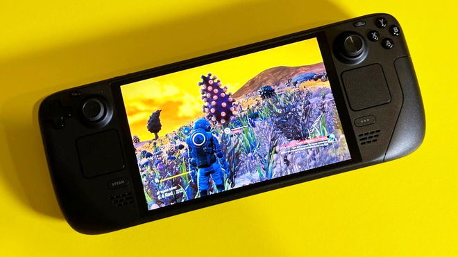 Steam Deck trade in OLED - An image of a Steam Deck OLED in yellow background