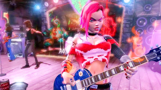 Guitar Hero band members shredding on stage to sick tunes 