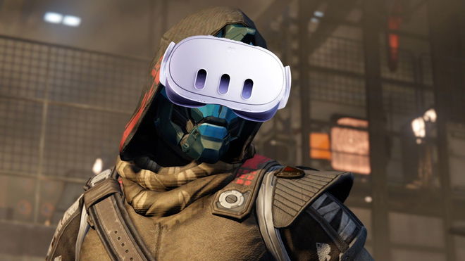 Cayde-6 from Destiny 2 wearing a Meta Quest 3 VR headset.