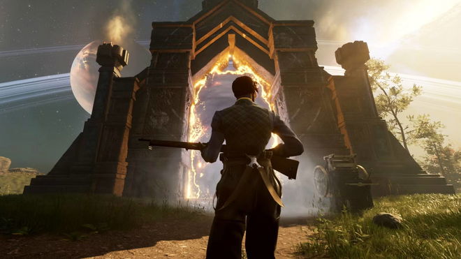 nightingale character with gun walking up to realm portal