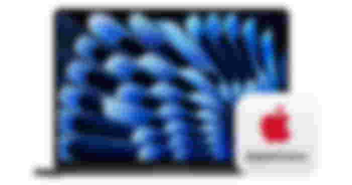 Apple MacBook Air product image of an open Midnight-coloured laptop with a light and dark blue pattern on the display, with the laptop next to the white, black, and red AppleCare+ logo.