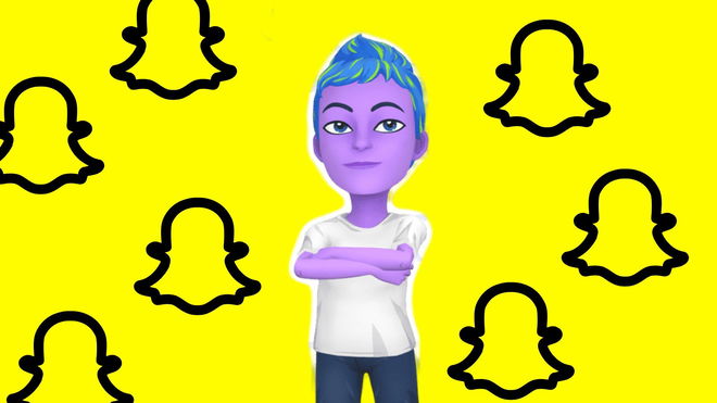 Snapchat My AI avatar standing in front of a yellow background surrounded by ghost outlines of the Snapchat logo