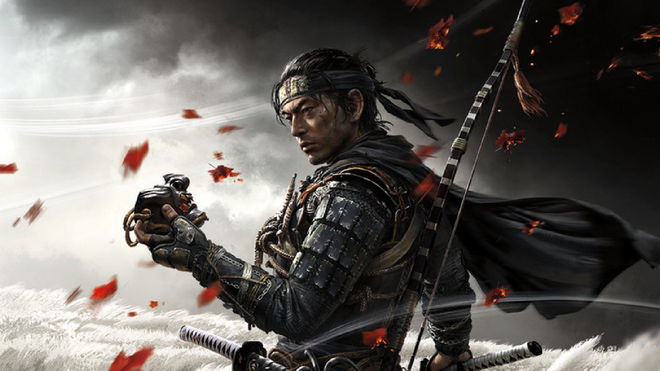Jin Sakai holding his Ghost of Tsushima mask in key art for the game