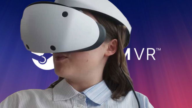 Bella Ramsay wearing a PSVR 2 headset on a SteamVR background 