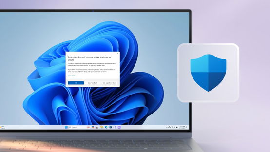 Windows 11 on a laptop with a graphic of a blue shield inside a grey square next to it.