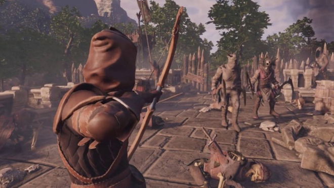 The Enshrouded player character aiming a bow at two creatures raiding their base 