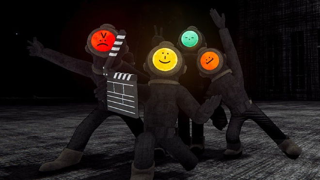 Characters posing in Content Warning key art