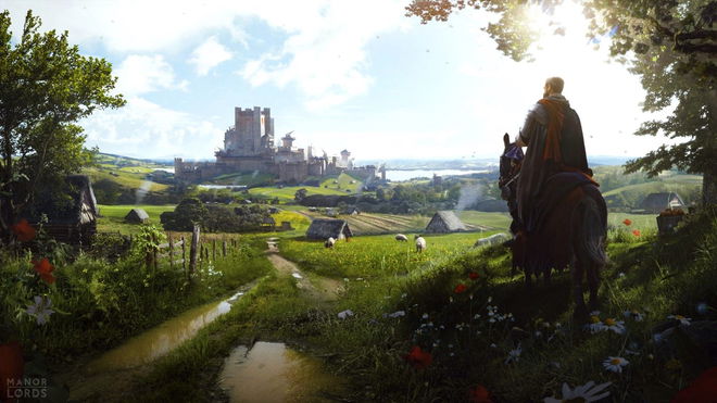 Manor Lords player riding horse and overseeing land