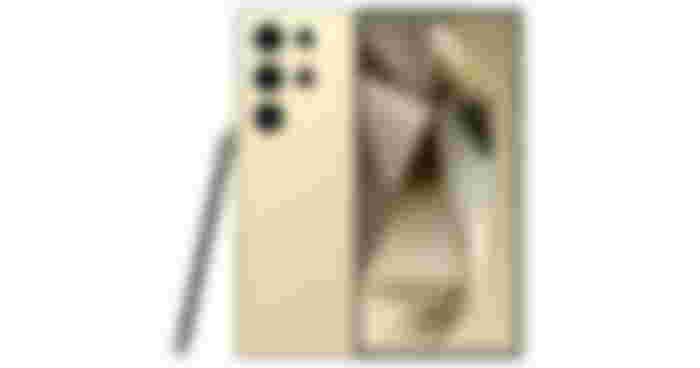 Samsung Galaxy S24 Ultra product image of a gold smartphone with a matching gold pattern on the display, a stylus leaning on it, and multiple cameras on the back.