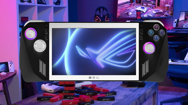 Artist rendition of the black ASUS ROG Ally X in front of an ASUS press image