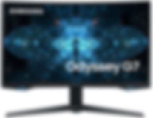 Samsung Odyssey G7 Series product image of a black monitor with a character walking through a Sci-Fi hallway towards a blue light on the display.