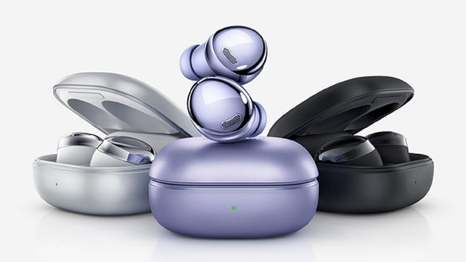 The Samsung Galaxy Buds 2 Pro color range next to each other with the lilac ones in front.