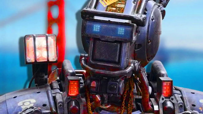 Killer robot cops in San Francisco; the Golden Gate Bridge in the background 