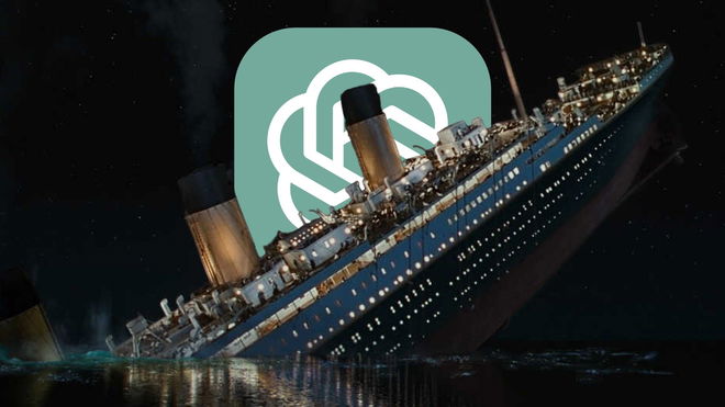 An image of the Titanic sinking from the James Cameron movie in front of a giant ChatGPT logo