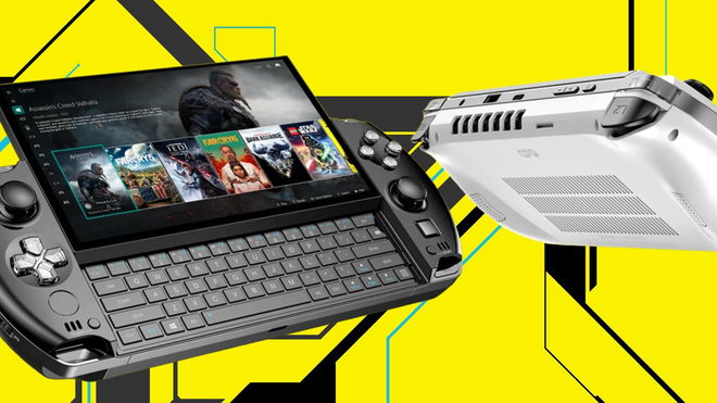 The GPD Win 4 handheld on a yellow and blue wallpaper
