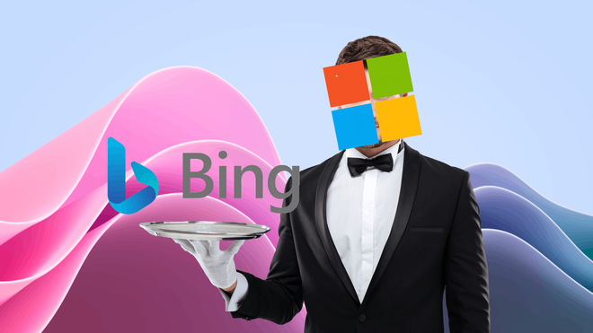 Microsoft logo waiter serving bing on plate