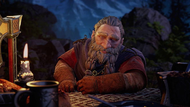 Dwarf sits at a table facing the camera