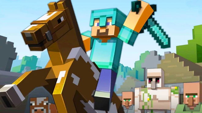 A Minecraft character riding a horse.