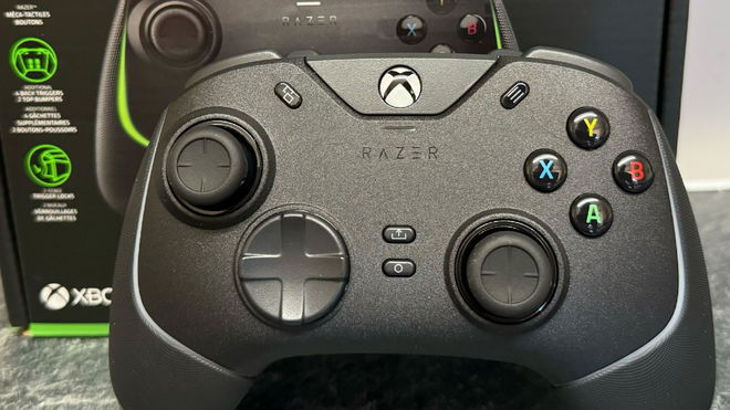Razer Wolverine V2 Chroma Xbox controller in front of the box