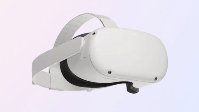 A white Meta Quest 2 headset in front of a white-lilac gradient background from the Quest 3 promotions