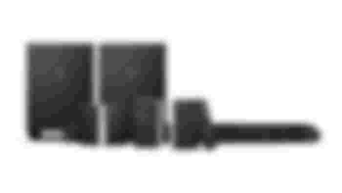 Nakamichi Shockwafe Ultra 9.2.4 Channel Soundbar product image of a long black soundbar alongside four speakers, a remote, and two subwoofers.