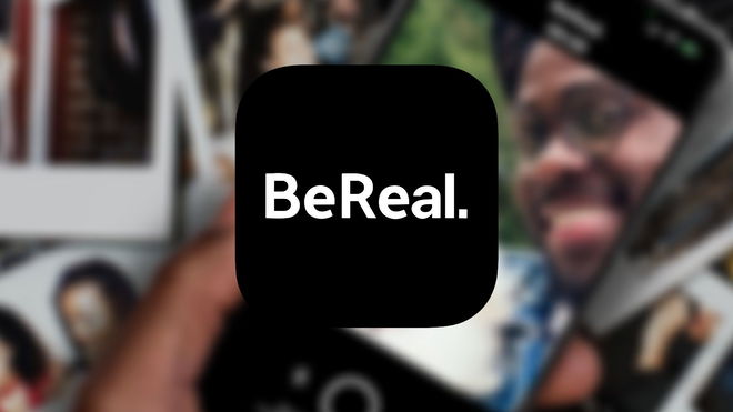 BeReal app logo in front of a blurred image of a man taking a picture on his smartphone in BeReal