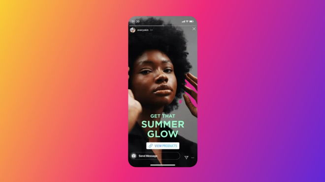 An Instagram Story featuring a woman with an afro hairstyle promoting summer glow skincare products, but you can't comment on it