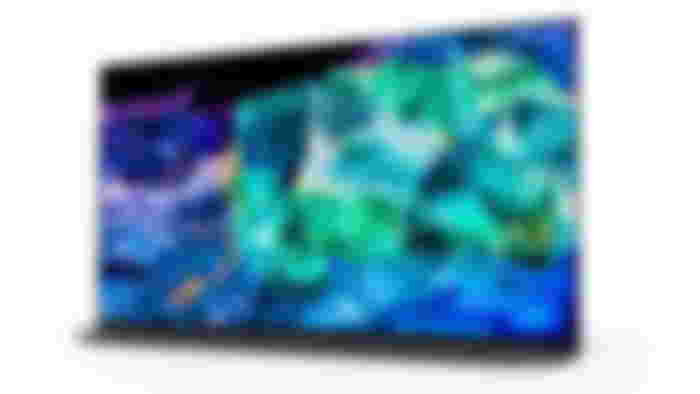 Best TV brands - Sony A95K product image of a black TV featuring a turquoise and blue crystals on the display.