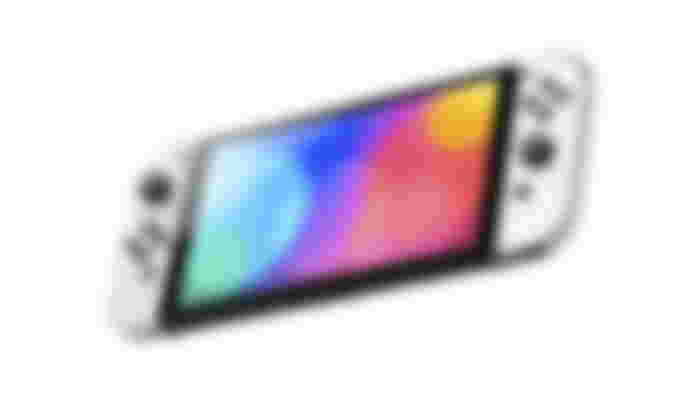 Nintendo Switch OLED product image of a black handheld screen between two white controllers.