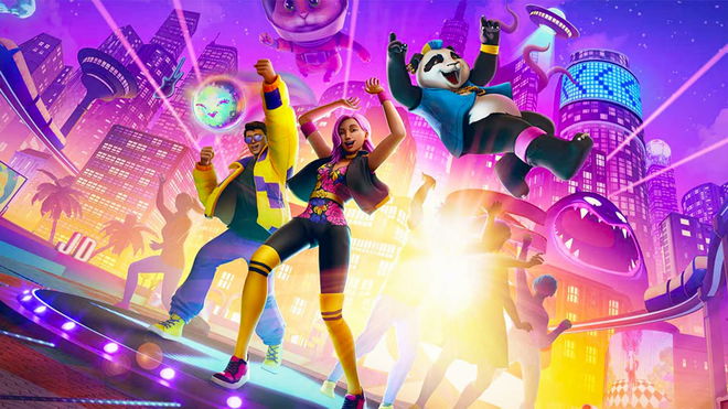 Several Just Dance VR avatars with their hands up including a man in a yellow jacket, a woman with pink hair, a panda with a blue and yellow mohawk and a cat astronaut.