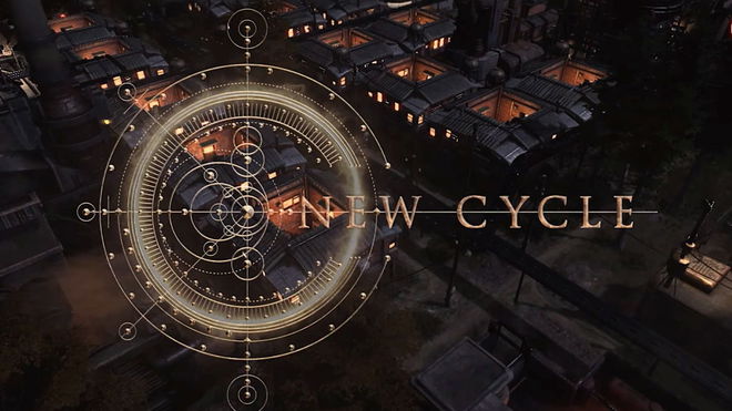 The logo for New Cycle with a city in the background