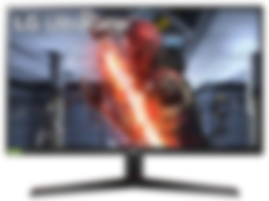 LG 27GN800-B product image of a black monitor with a red and black armoured characer holding an orange lightsabre-like sword.