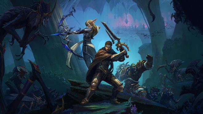 World of Warcraft players holding weapons with spooky forest in background