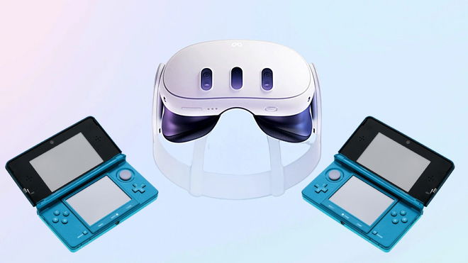 Meta Quest 3 headset with two 3DS consoles next to it