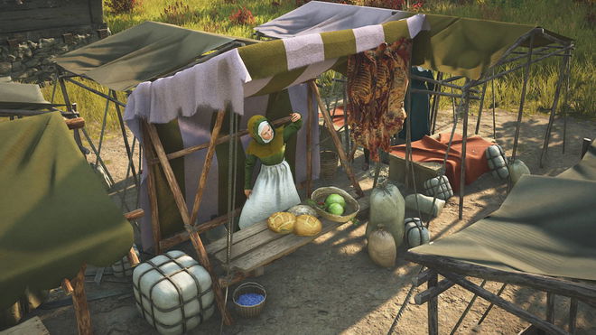 A food stall in Manor Lords, with a merchant raising their hand to beckon customers.