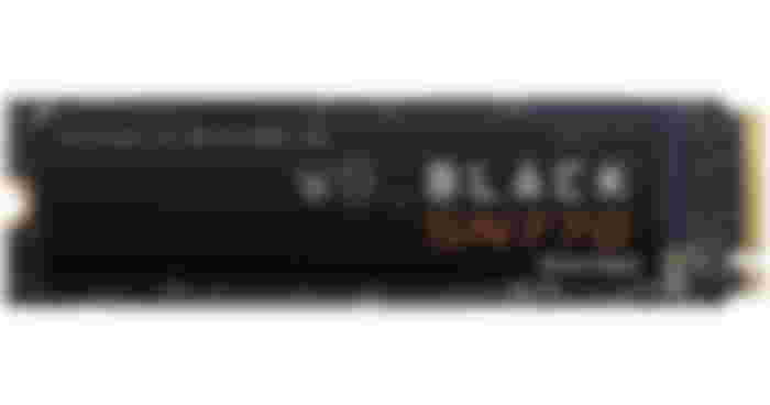 A small, black, rectangular SSD featuring white and orange branding on the side.
