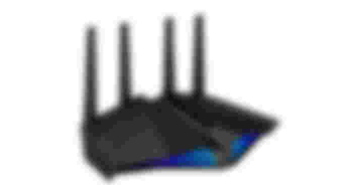 ASUS RT-AX82U product image of a black WiFi router featuring blue lighting and four antennae out the back.