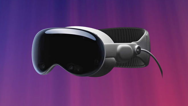 Apple Vision Pro headset in front of a SteamVR wallpaper