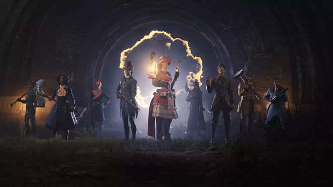 Nightingale characters standing in front of glowing portal