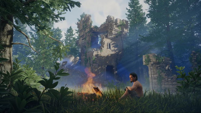 Enshrouded: the character next to a campfire