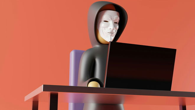 Animated image of a hacker wearing a mask using a laptop.