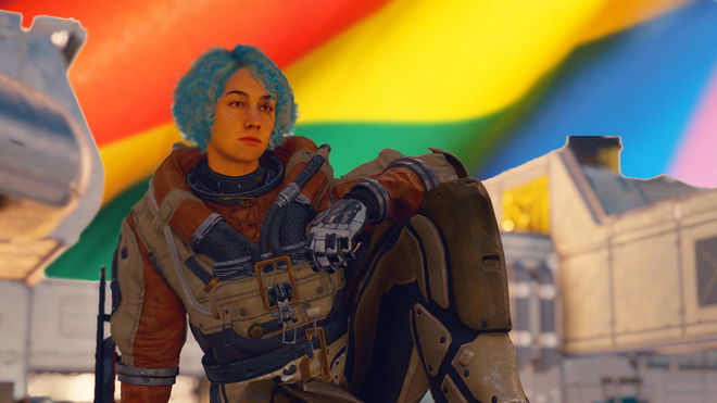 The Starfield protagonist sitting against an LGBTQ+ flag 