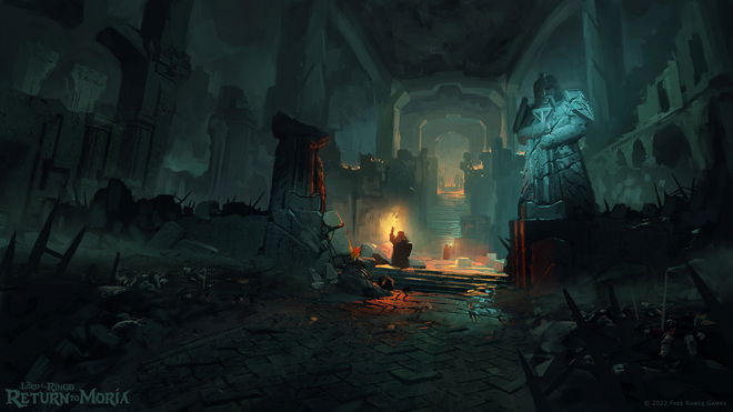 lord of the rings return to moria dwarf exploring the caverns with torch