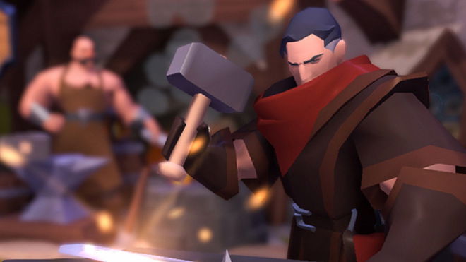Blacksmith using a hammer in Albion Online gameplay