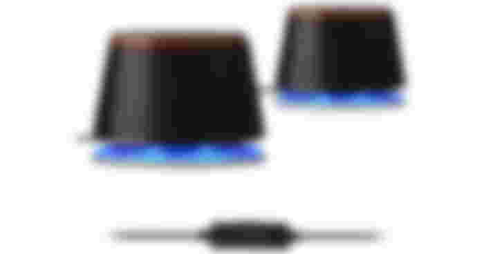 Sanyun SW102 product image of a pair of black elliptical speakers featuring red rings around the top and blue underlighting.