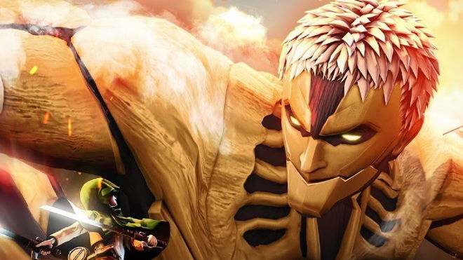 A character using the Omni-Directional Movement gear and flying towards the armored titan in Attack on Titan VR key art